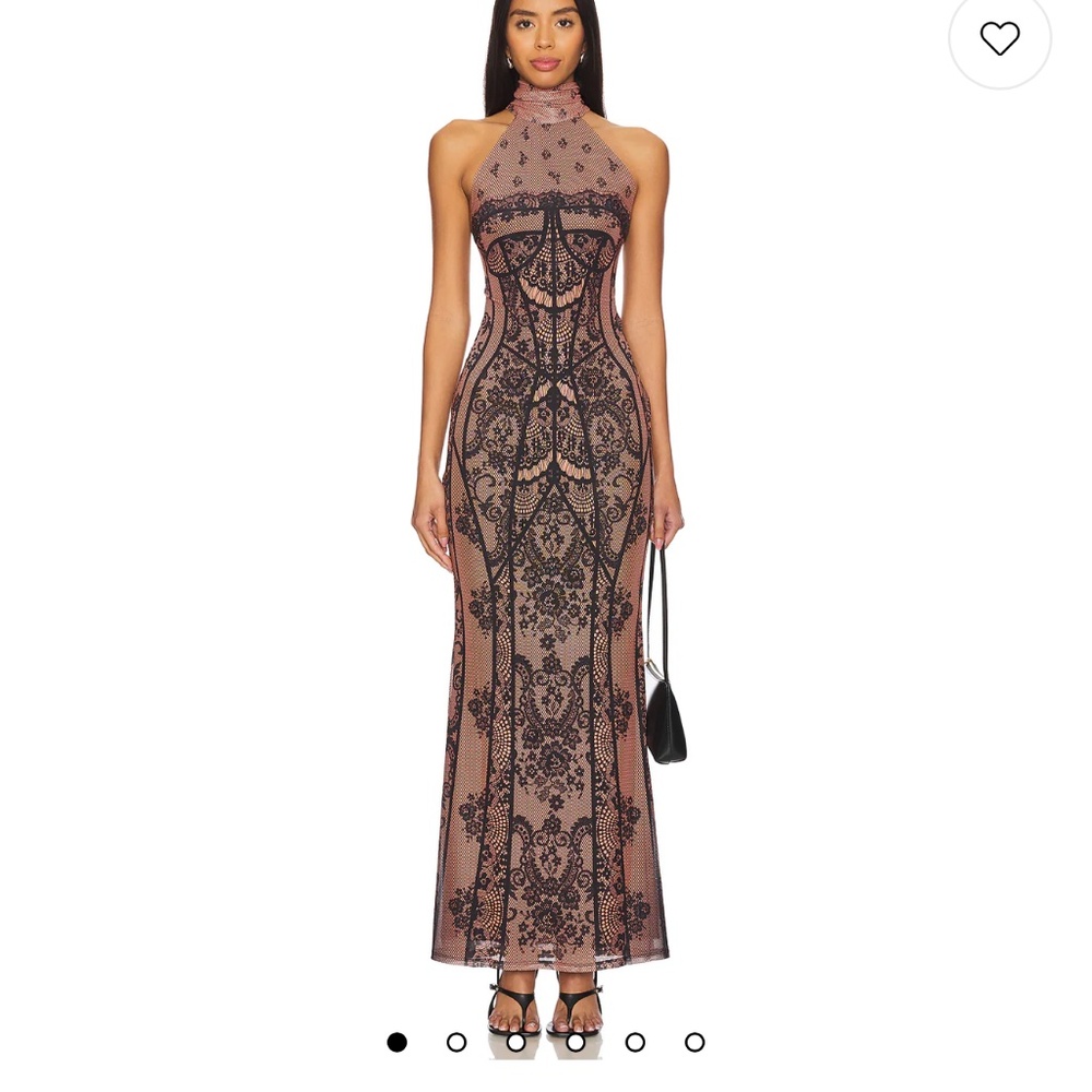 REVOLVE Nude and Black Lace Backless Halter Gown